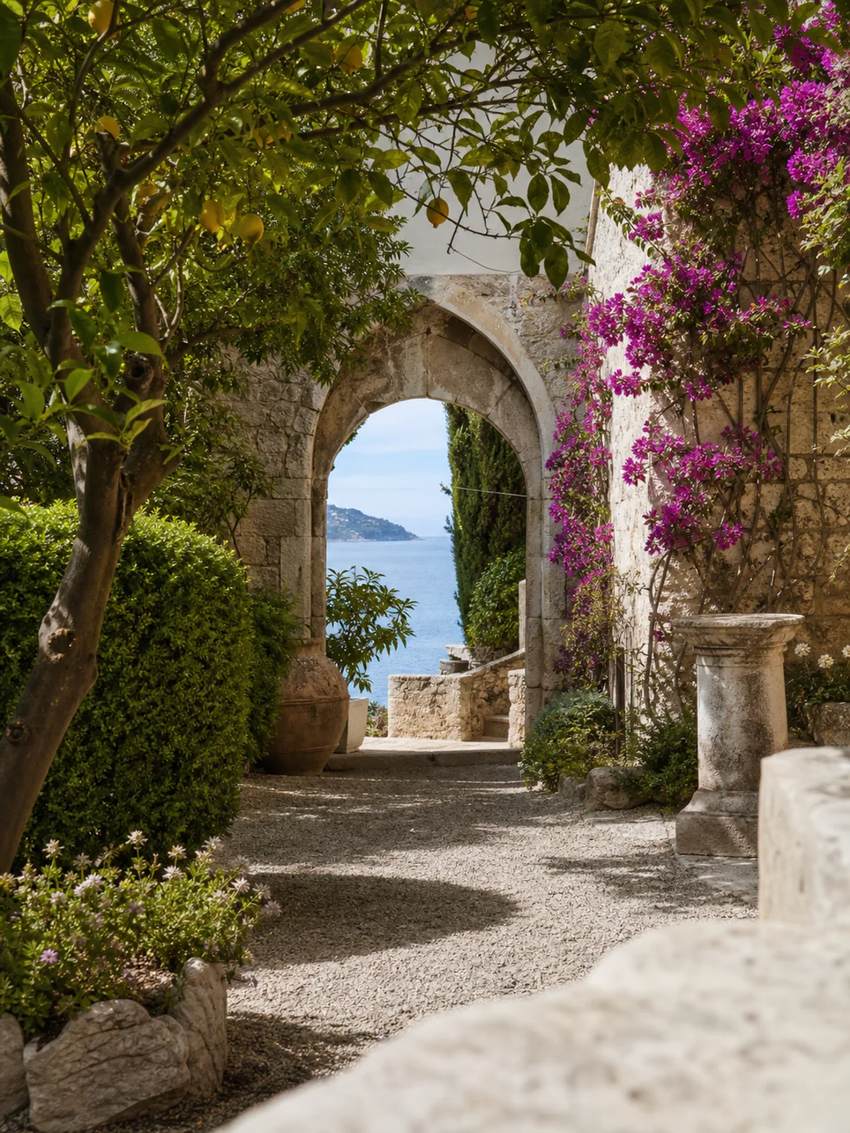 Lemon garden and stone courtyard above the Mediterranean