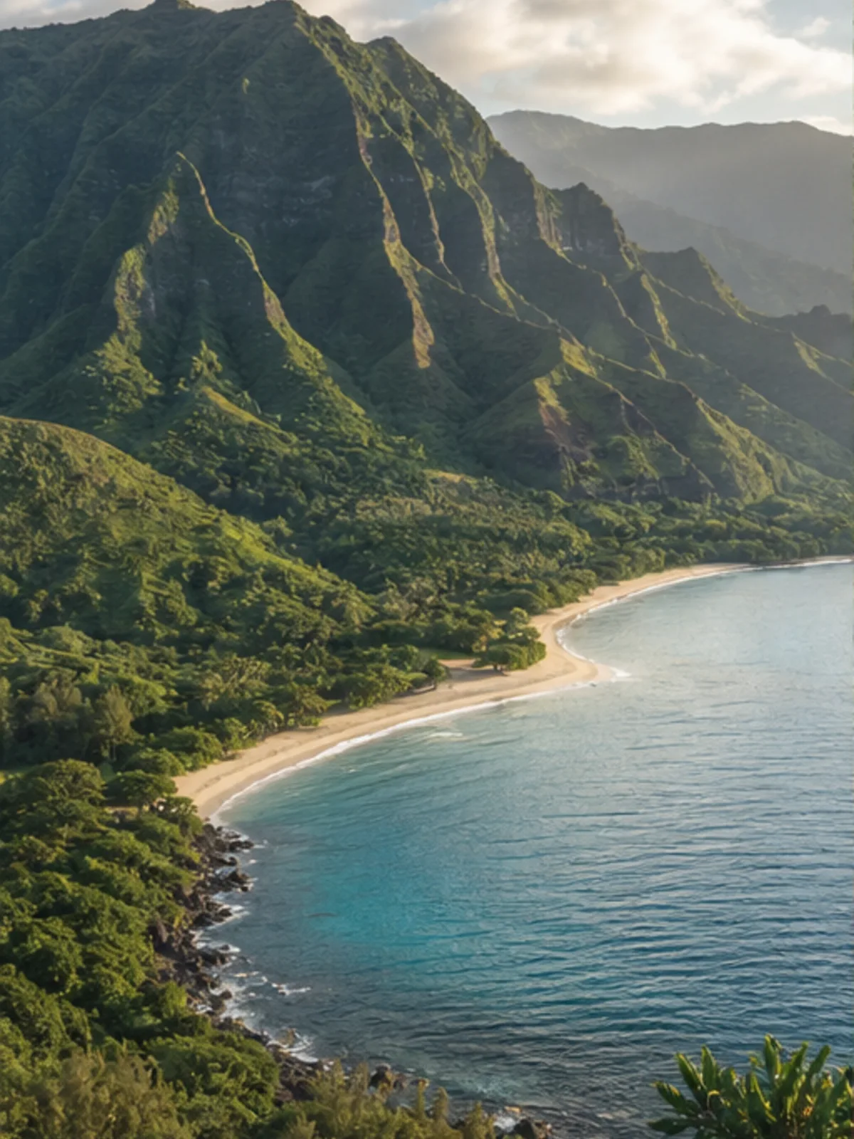 Green sea cliffs meeting the Pacific on Kauaʻi