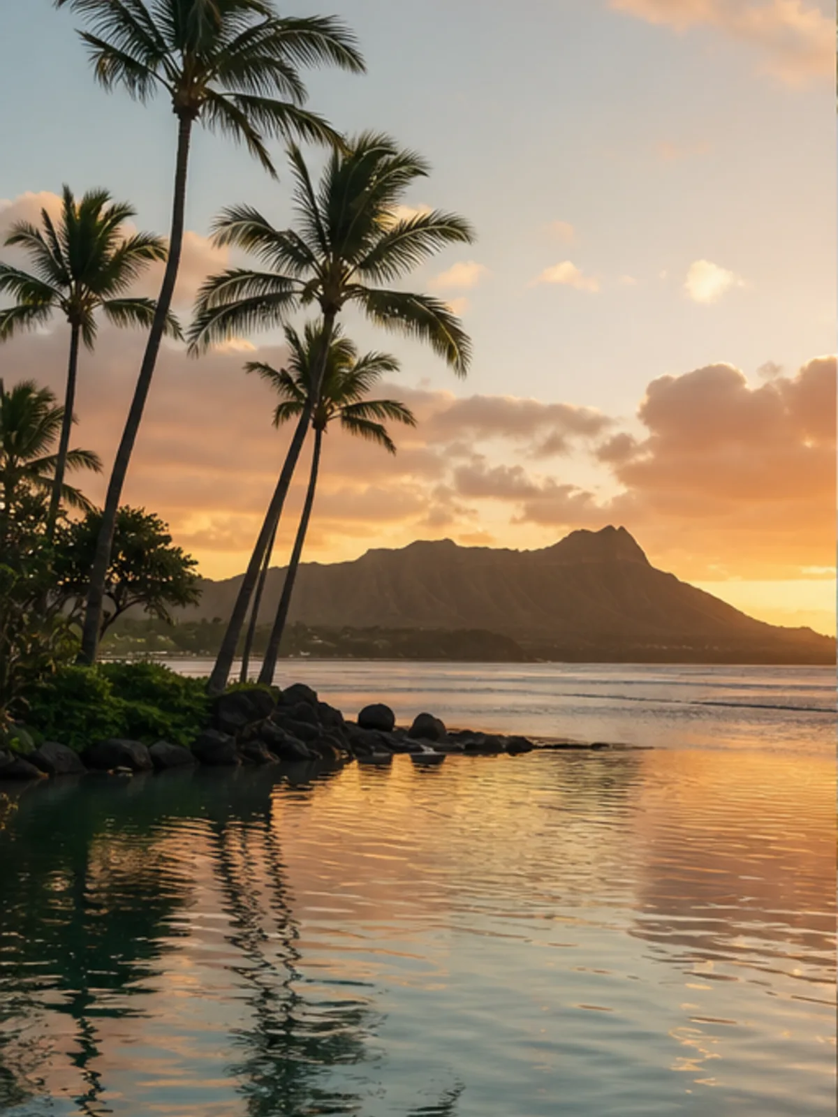Calm Pacific shoreline and volcanic ridge on Oʻahu