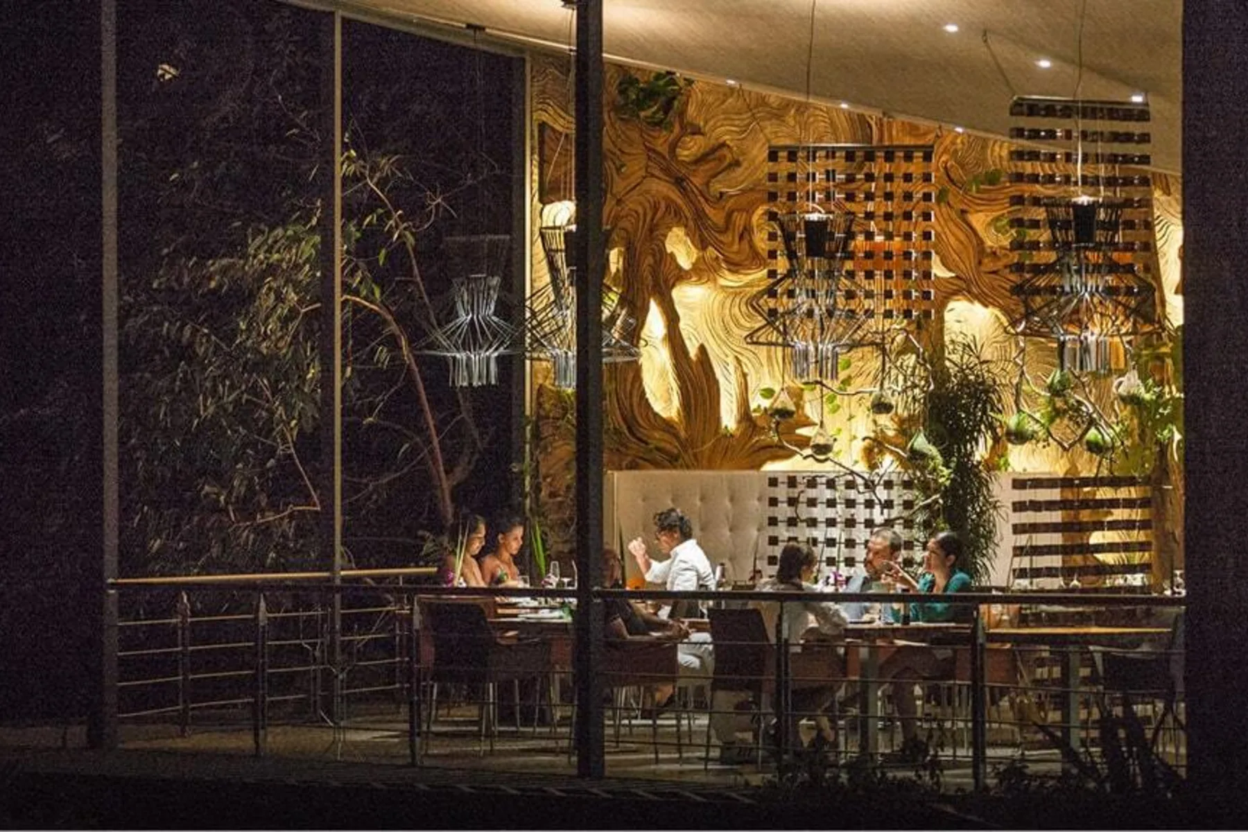 Evening dinner behind the glass walls of Árbol Restaurant, warm light in the trees